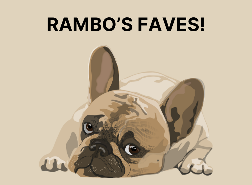 Illustration of a French Bulldog lying down with a sad yet adorable expression on a beige background. Text reads 'Rambo’s Faves!' promoting a curated selection of favorite Dog Shop products.