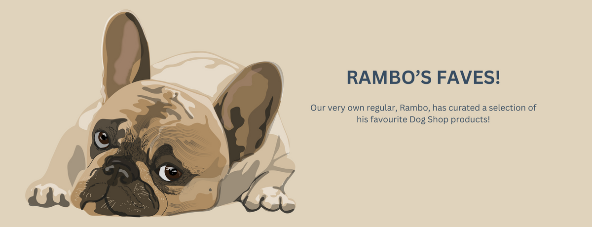 Illustration of a French Bulldog lying down with a sad yet adorable expression on a beige background. Text reads 'Rambo’s Faves!' promoting a curated selection of favorite Dog Shop products.